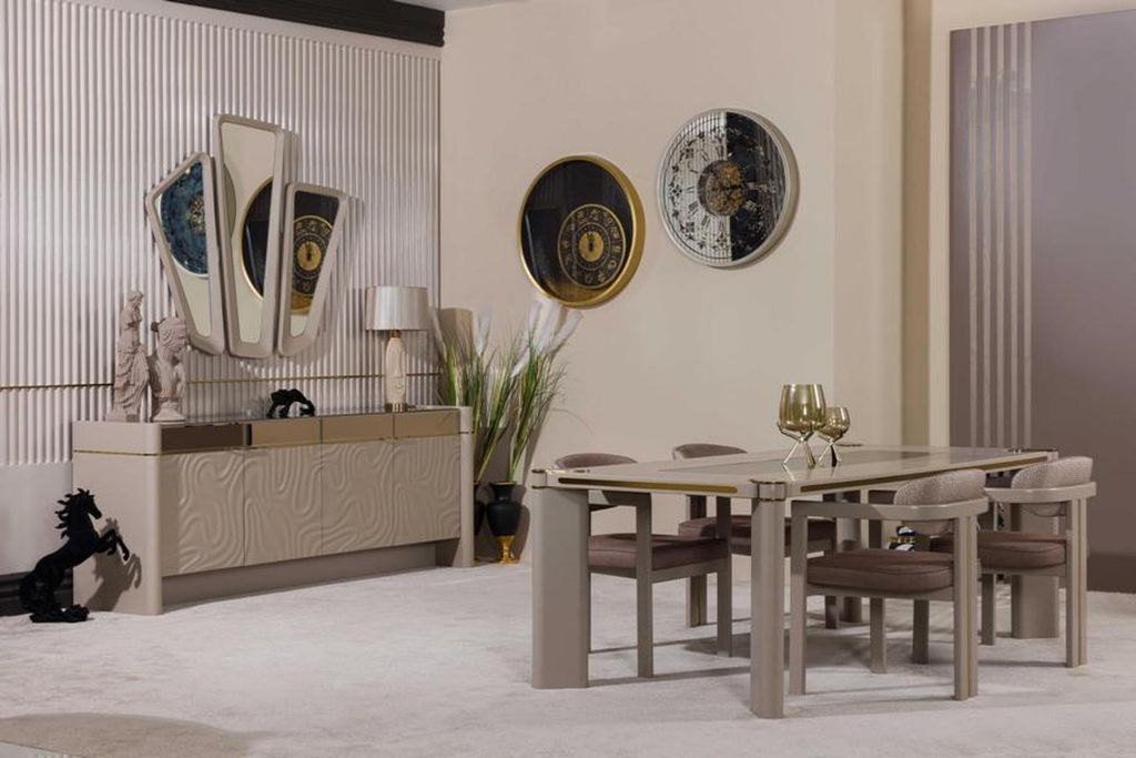 Neutrales Esszimmer-Set 6-teilig (Esstisch + 4 Stühle + Konsole mit Spiegel).