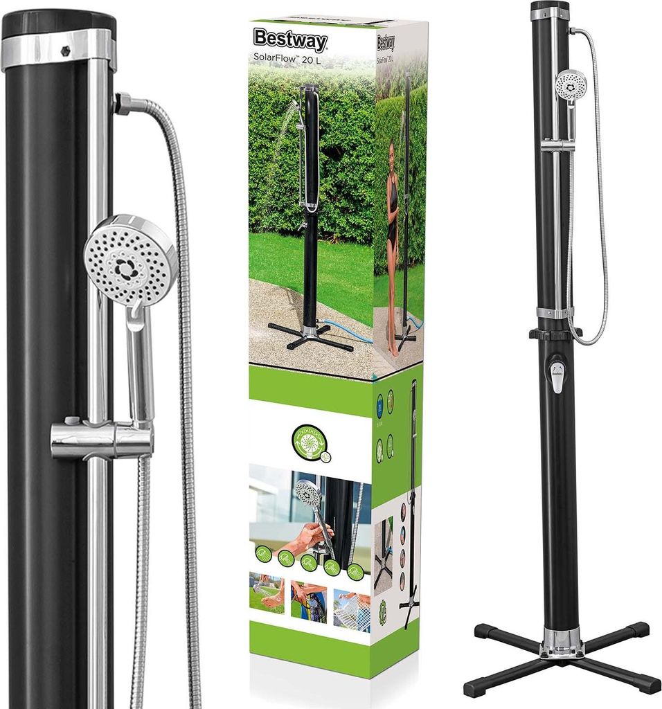 A collage of images showing a black outdoor solar shower, its packaging, and various usage scenarios.