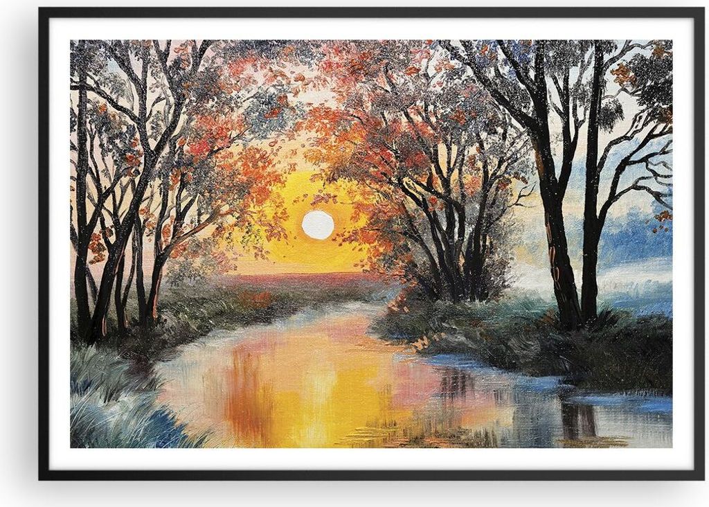 Gerahmtes Poster - Schwarzer Rahmen - Fluss Sonne Bäume - 100x70 cm - Wand Bild - Wanddeko - Wandbilder - Kunstposter - Wandposter - Bilderrahmen ...