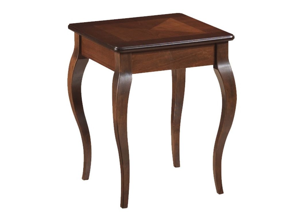 A dark brown wooden side table with curved legs.