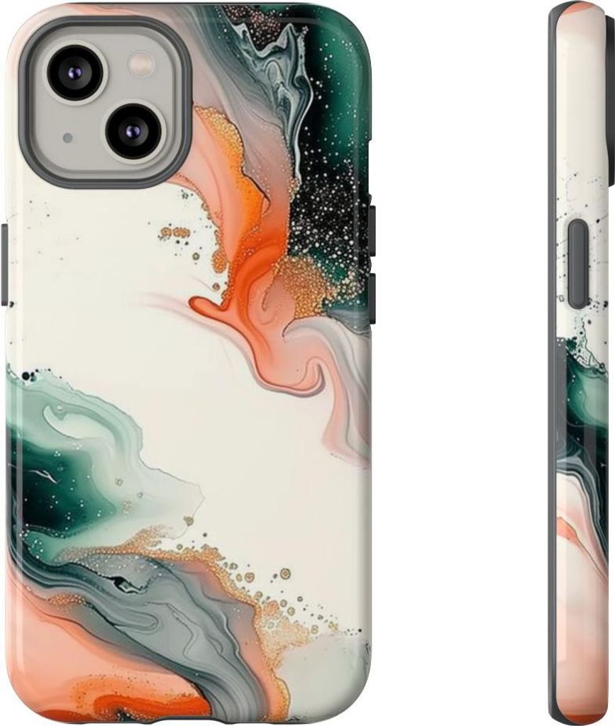 Schwungvolle abstrakte Wirbel in Grün und Koralle – Hülle Kompatibel mit iPhone 14