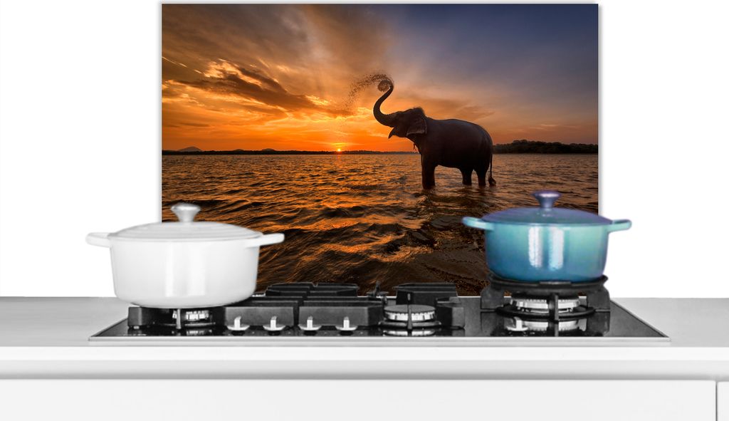 KitchenYeah Spritzschutz Küche - Küchenrückwand - Wandschutz für Herd und Spüle - Elefant - Meer - Tiere - Sonnenuntergang - Orange 70x50 -...
