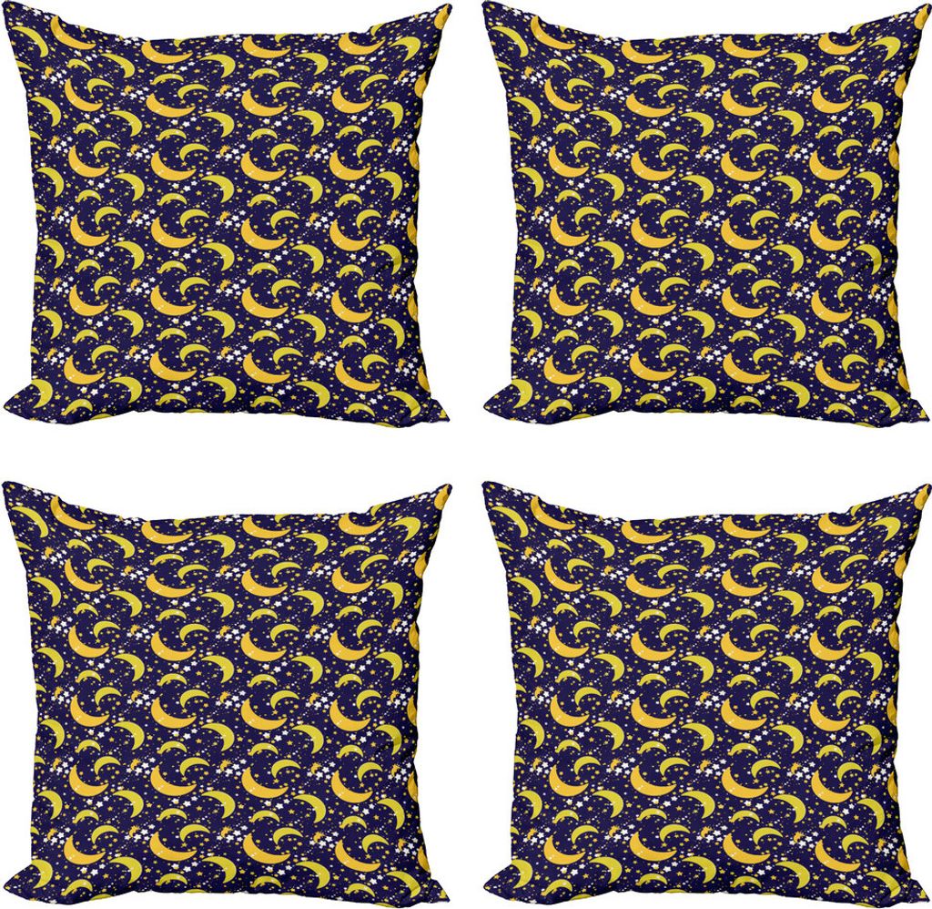 ABAKUHAUS Universum Kissenbezug Set (4 Stück), Halbmond und Stern, Moderner Doppelseitiger Digitaldruck, 40 cm x 40 cm, Mustard Indigo