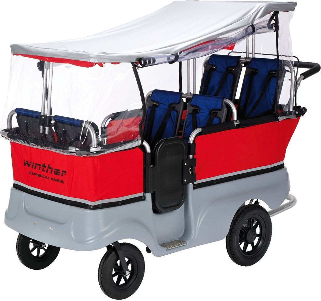 A studio shot of a Winther children's bus with a rain cover.