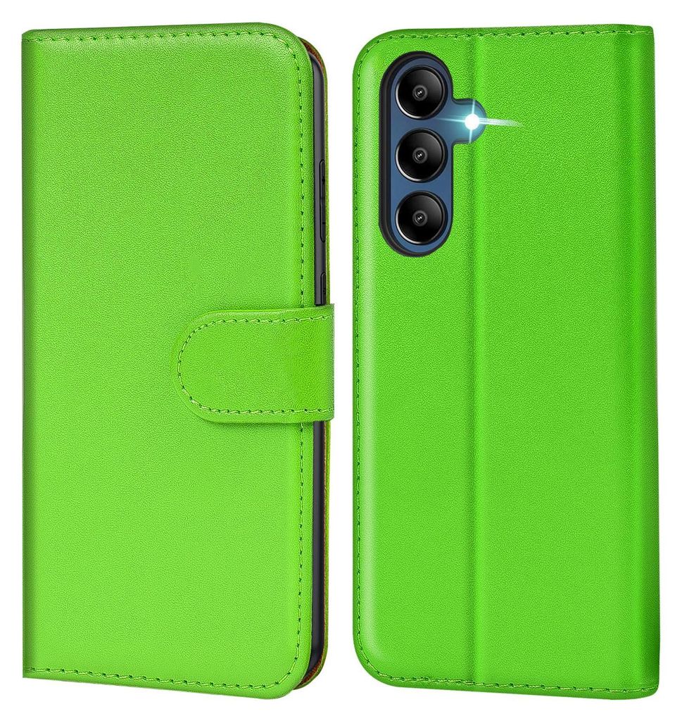 A green book-style phone case is shown from the front and back.