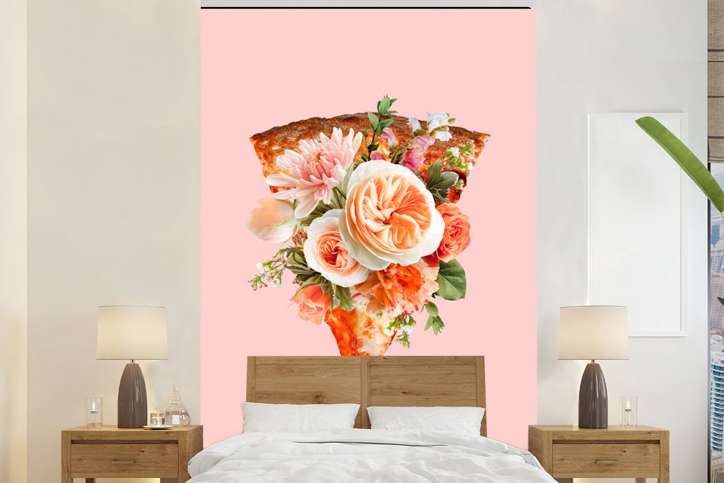 MuchoWow Fototapete für Wohnzimmer oder Schlafzimmer Wandtapete Vinyl Motivtapete Stilleben - Pizza - Blumen - 225x350 cm - Schlafzimmer tapete