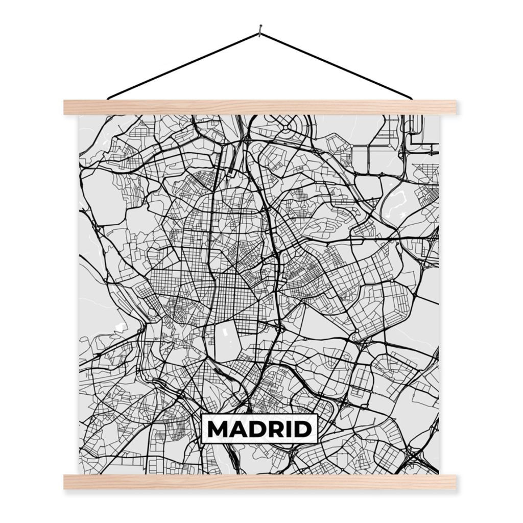 MuchoWow Textilposter Madrid - Schwarz und weiß - Stadtplan - Karte 60x60 cm mit holzfarbenen Rahmen - Wanddekoration