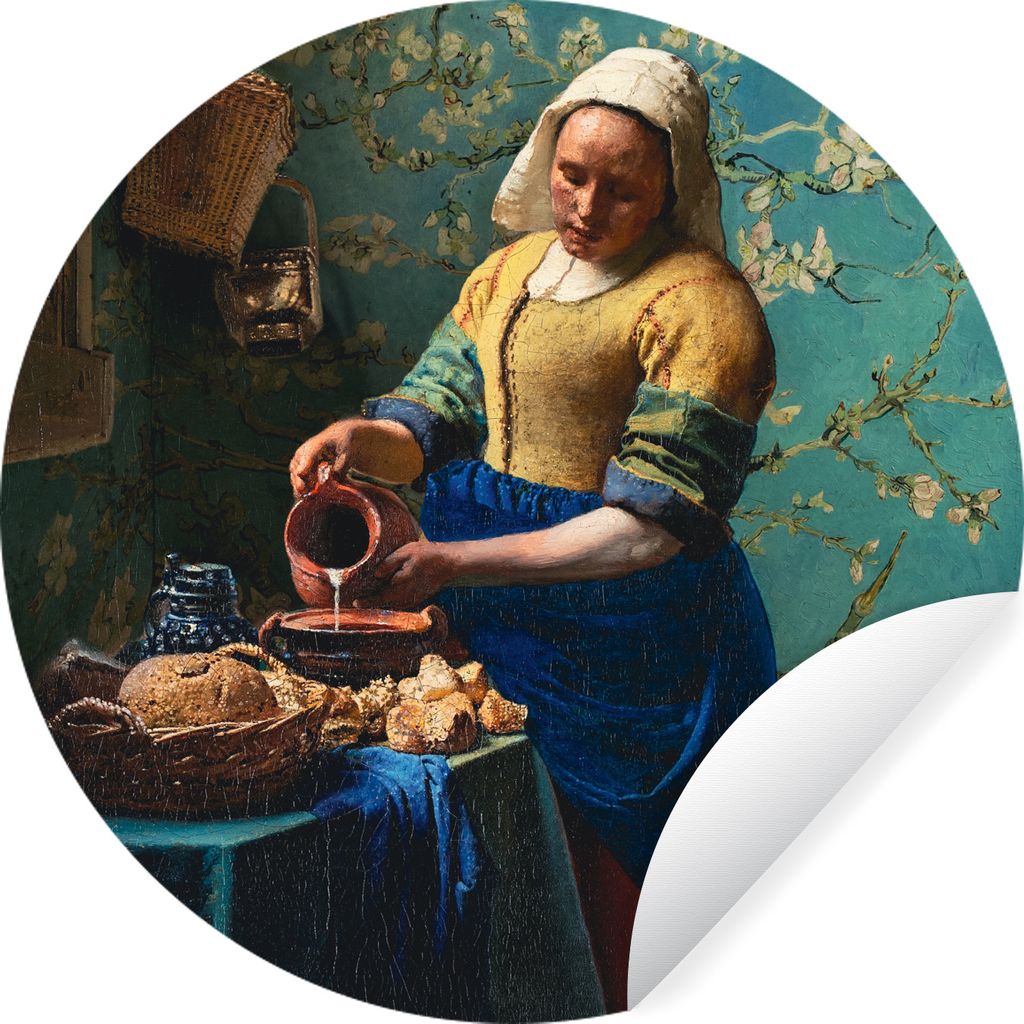 MuchoWow Runde Wandtattoo - Wandsticker Tapete Aufkleber Milchmädchen - Mandelblüte - Van Gogh - Vermeer - Gemälde - Alte Meister Ø 30 cm Sel...