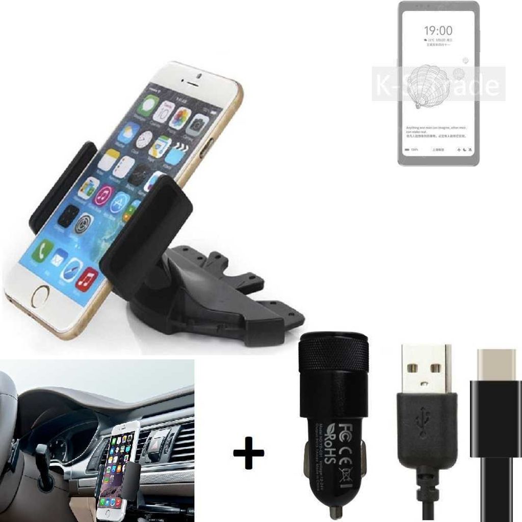 K-S-Trade CD Schlitz Handy-Halterung kompatibel mit HiSense A9 Autohalterung KFZ-Halter Radio Handy Halterung 360° drehbar CD-Schacht inkl. USB-C