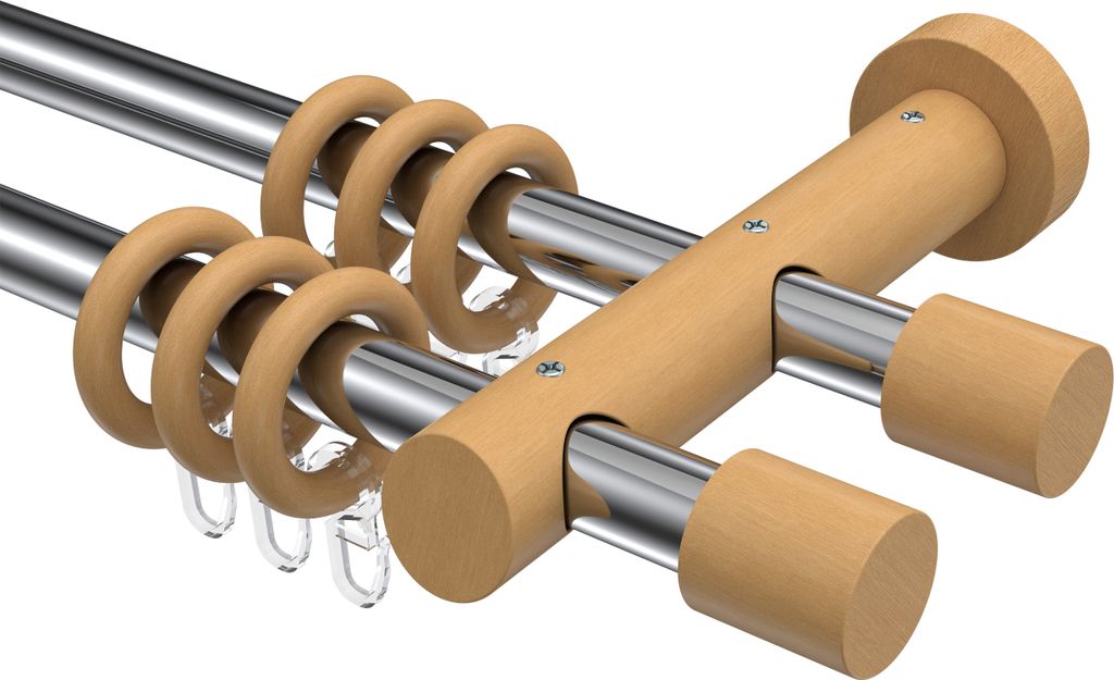 Interdeco Gardinenstange / Vorhangstange Chrom / Buche lackiert, Typ Talena Feta (Kappe), 20 mm Ø 2-läufig, 400 cm