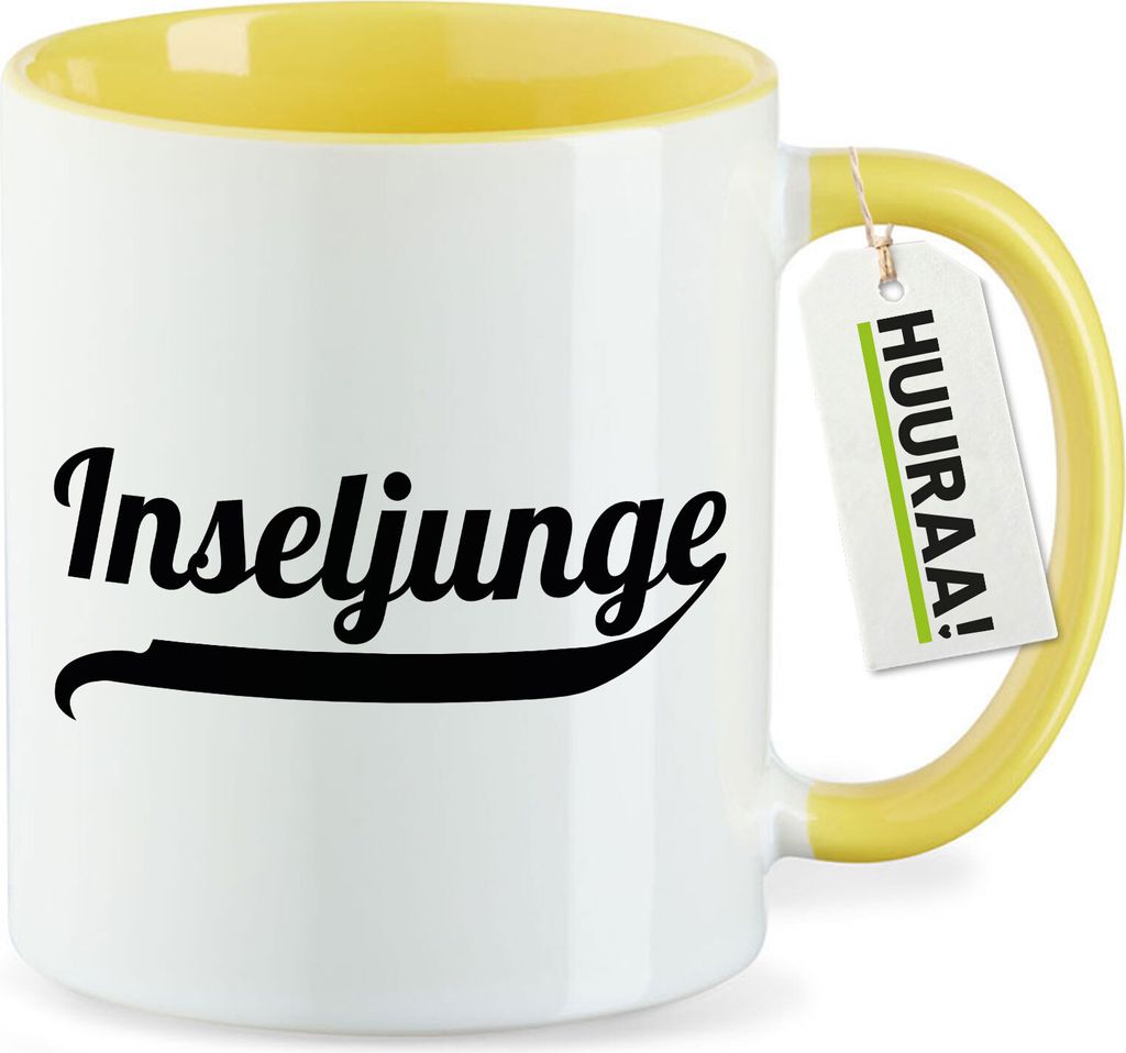 Huuraa Kaffeetasse Inseljunge Schriftzug 330ml Gelb Keramik Kaffeebecher Geschenkidee