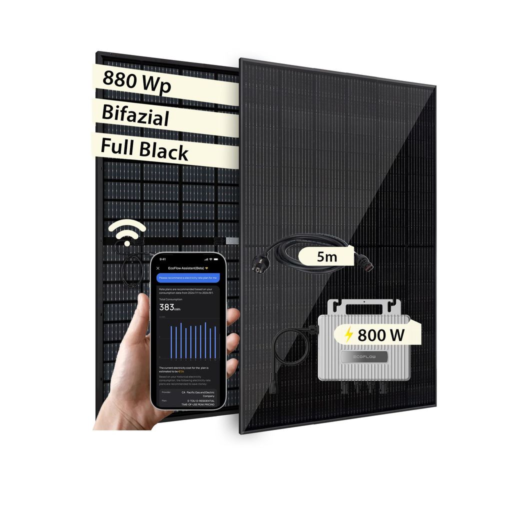VALE Balkonkraftwerk Komplettset mit Wechselrichter Bifaziale Solaranlage 800W EcoFlow Stream, 2 x Solarmodul 440WP, BKW, Photovoltaik Set, Wifi & App