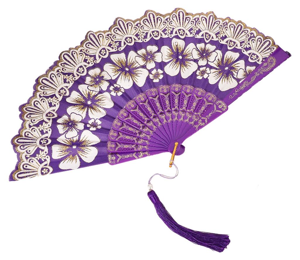 Chinesischer Fächer im Blumenstil mit Kunstperlenquaste, tragbarer Kunststofffächer mit Rippen, ideal für Tanzaufführungen und Partys.