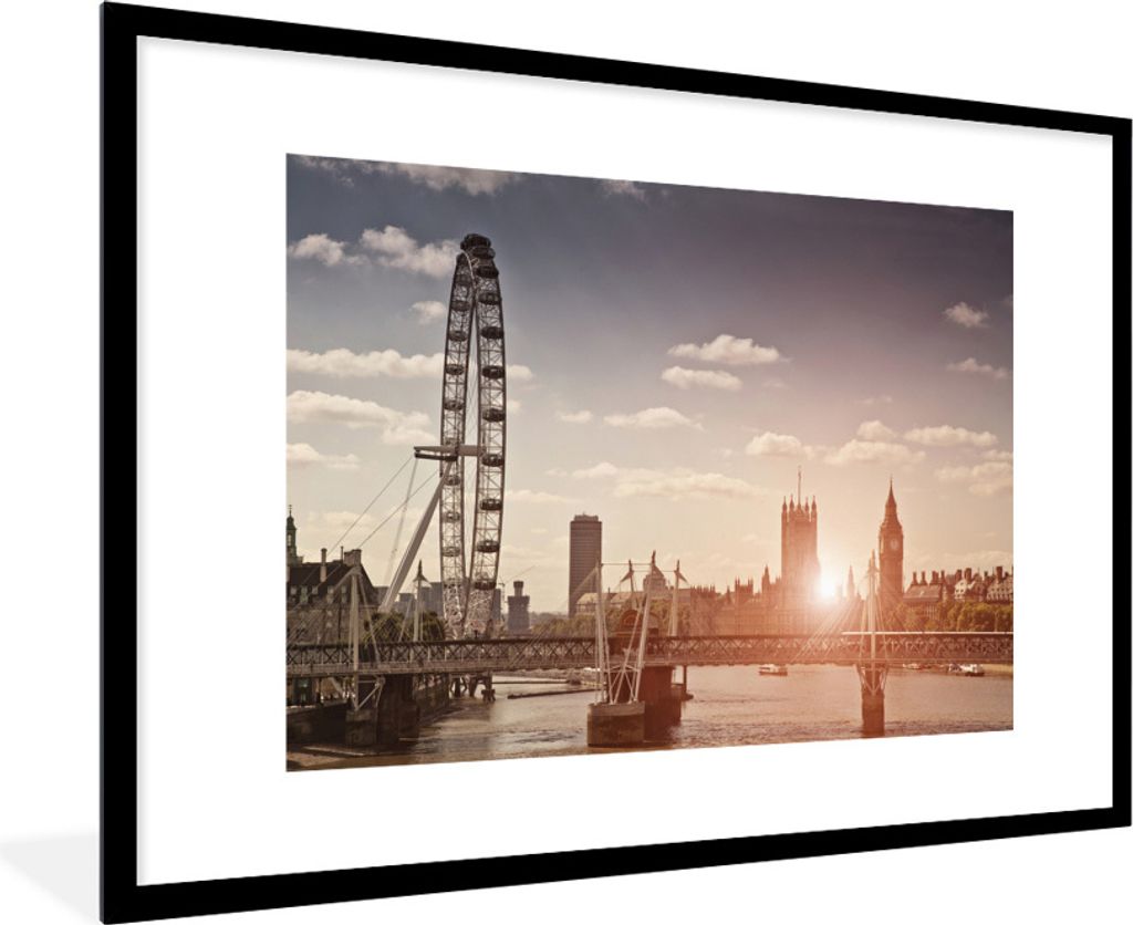 MuchoWow Gerahmtes Poster Sonnenuntergang am London Eye in England 90x60 cm - Poster mit Schwarzem Bilderrahmen Wandposter Rahmen Foto Bilder - W...