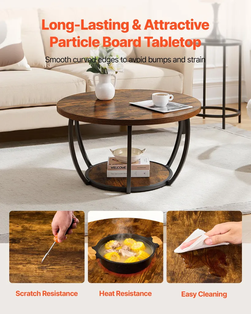 Table basse ronde anti-encombrement avec double rangement et pieds fixes