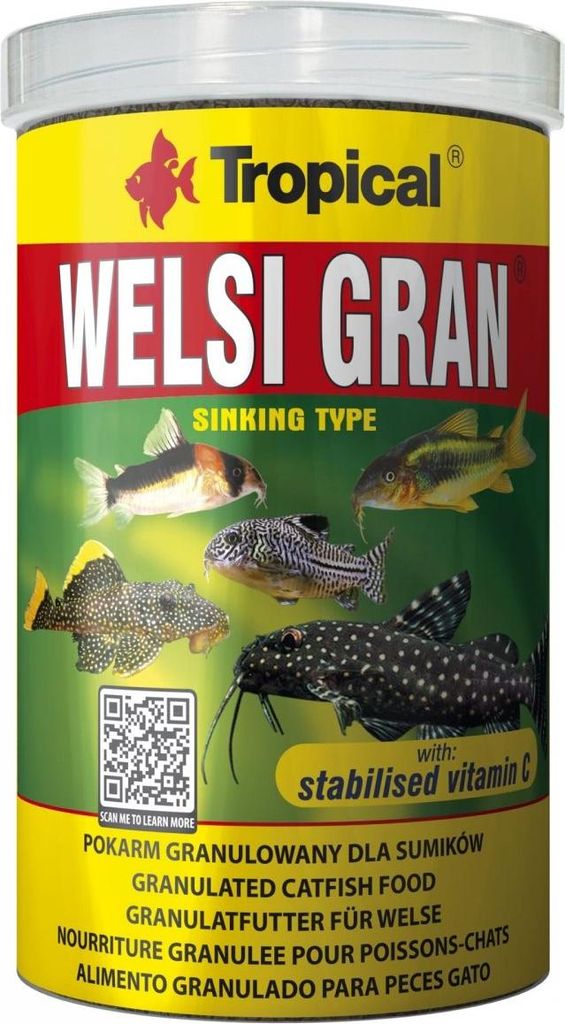 A cylindrical container of fish food with images of catfish on it.