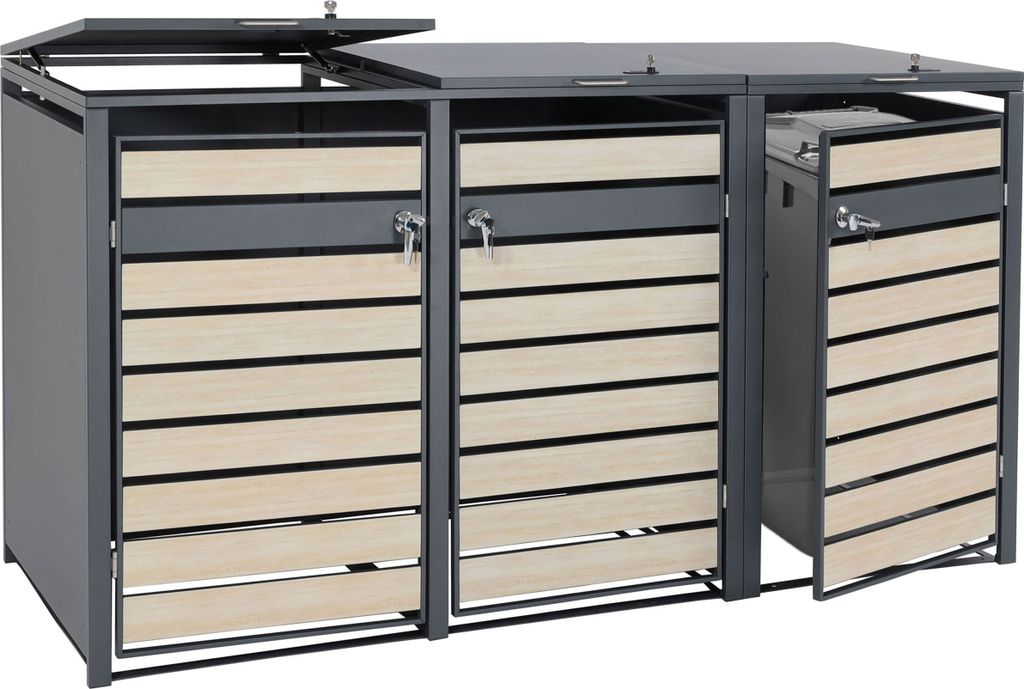 3er Mülltonnenverkleidung HWC-J81, Mülltonnenbox, erweiterbar, Metall 82kg, anthrazit Buche-Holzoptik hellbraun