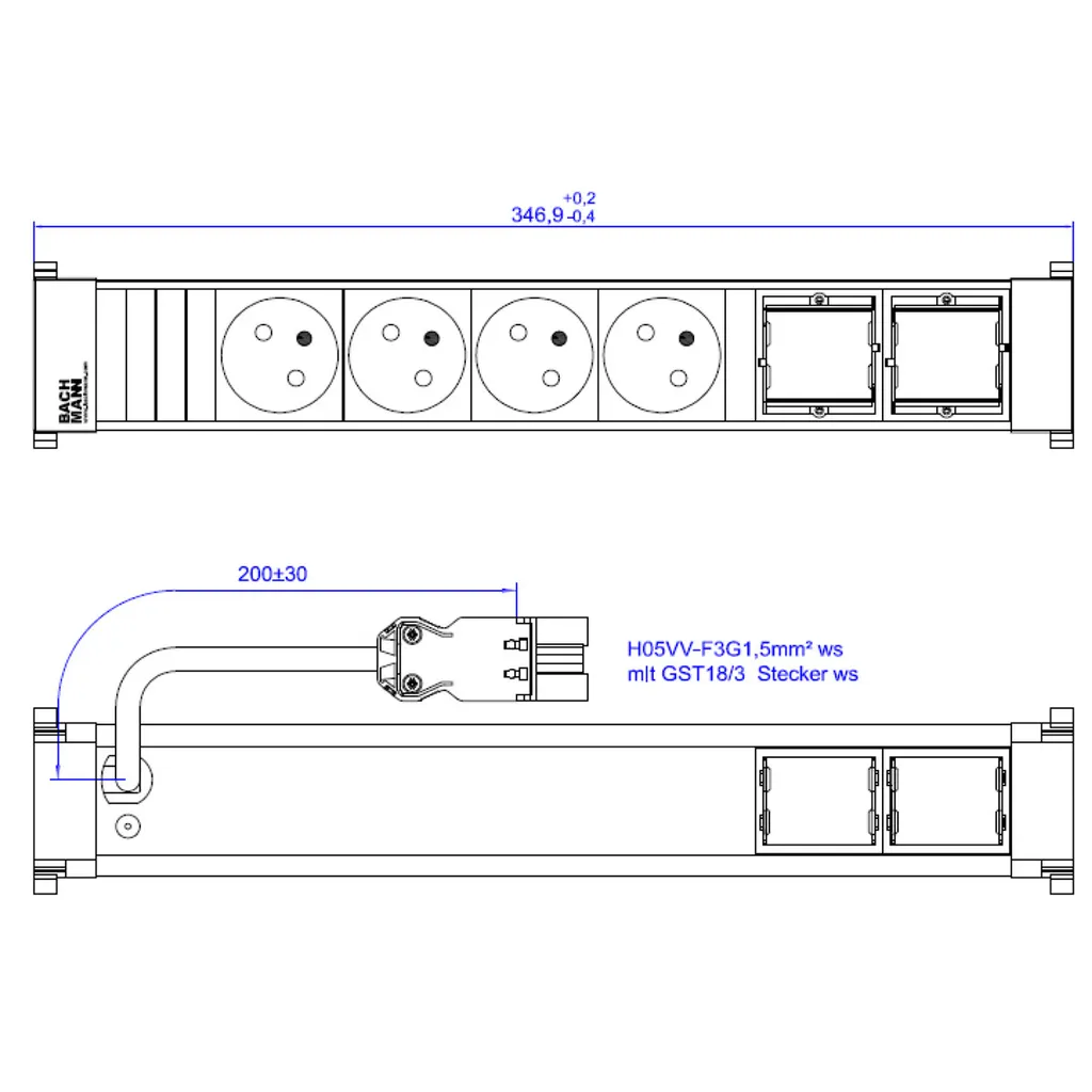 Bachmann Power Frame Multiprise Design 4 Prises et 2 Modules GST18 0,2M - 2