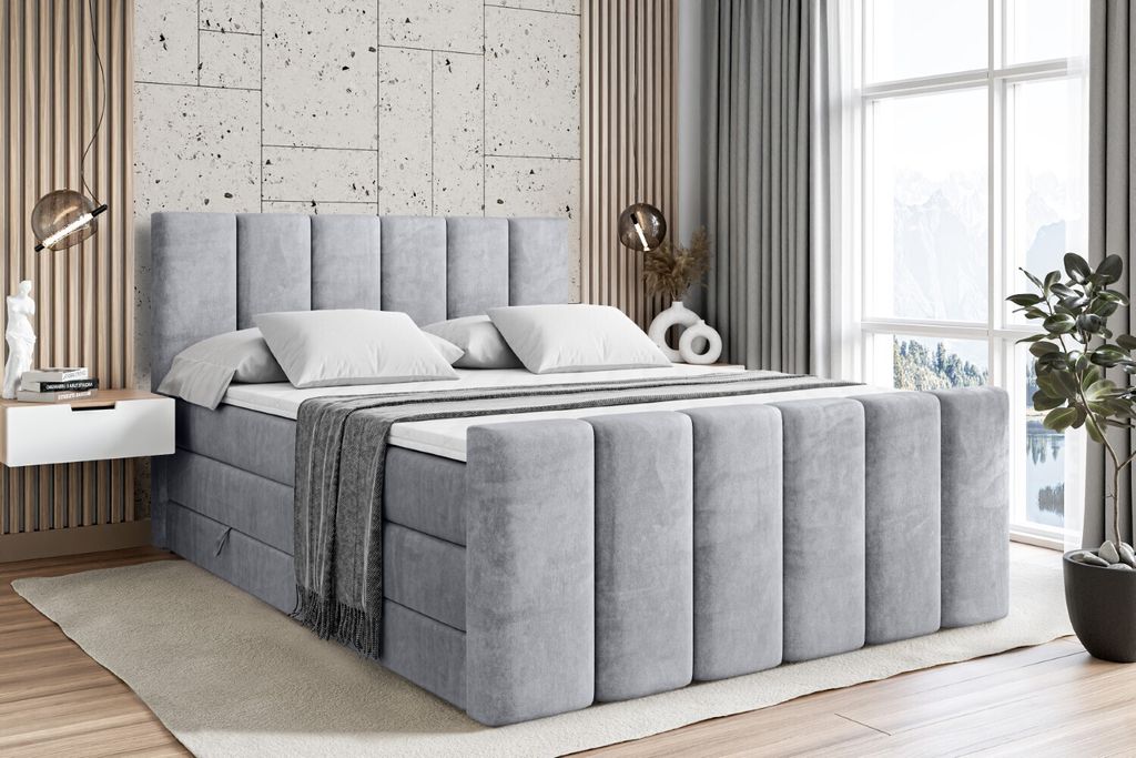 ALTDECOR Boxspringbett mit Fußteil, 2 Matratzen und Topper - 160x200 cm - BOXI1-Z KING - Hellgrau Samt - Polsterbett mit, H3- und H4- Matratzen, B...