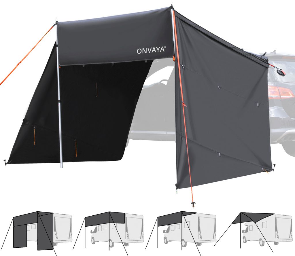 ONVAYA Auto-Sonnensegel Grau | Schutz vor Wind, Regen, Sonne (UV99) | 6 Aufbauvarianten | Schneller und einfacher Aufbau | Für PKW, Van und Wohn...