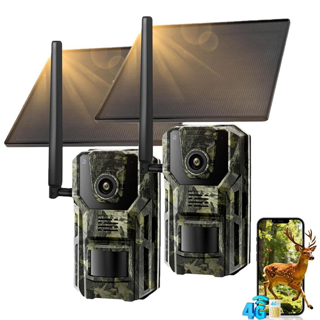 2 Stück 4G LTE Wildkamera mit App & Bewegungsmelder 2K Solar Überwachungskamera Aussen mit SIM Karte 7800mAh Akku Alarm-Push in Echtzeit AI Erken...