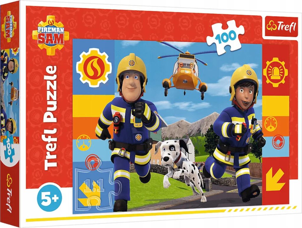 The image shows the packaging of a Fireman Sam puzzle. The box features characters from the show, a helicopter, and a dalmatian dog.