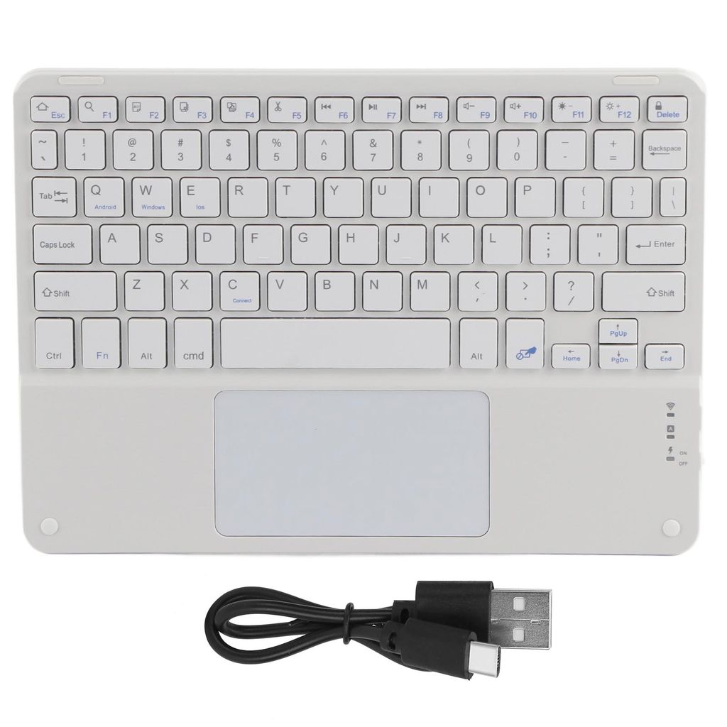 A white wireless Bluetooth keyboard with a built-in touchpad and a USB-C charging cable.