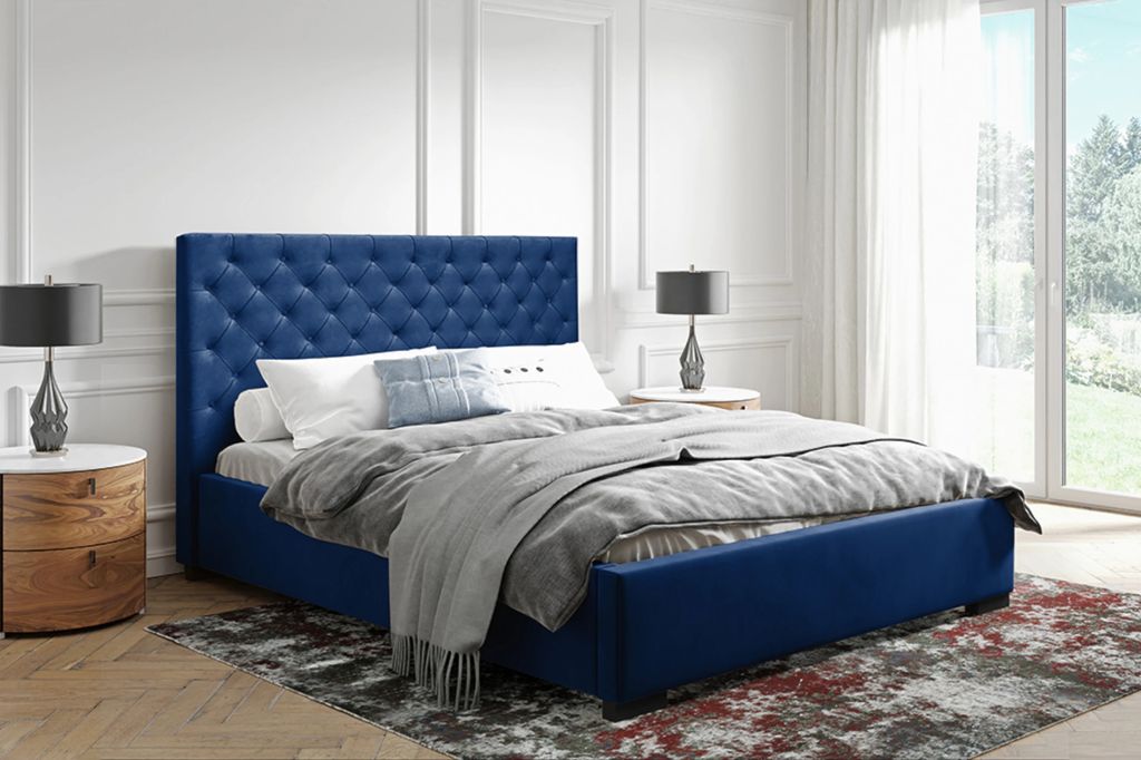 ADIDAR Emilia Polsterbett 140x200cm Doppelbett Metall - Holzrahmen mit Bettkasten und Lattenrost - Premium stilvolles Design (Blau - Kronos 05)