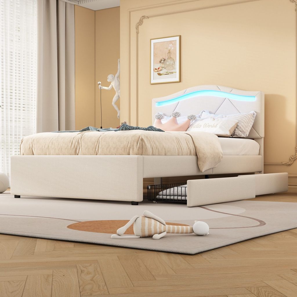 Odikalo Polsterbett Jugendbett mit Schubladen,Verstellbares Kopfteil 90x200 ohne Matratze beige