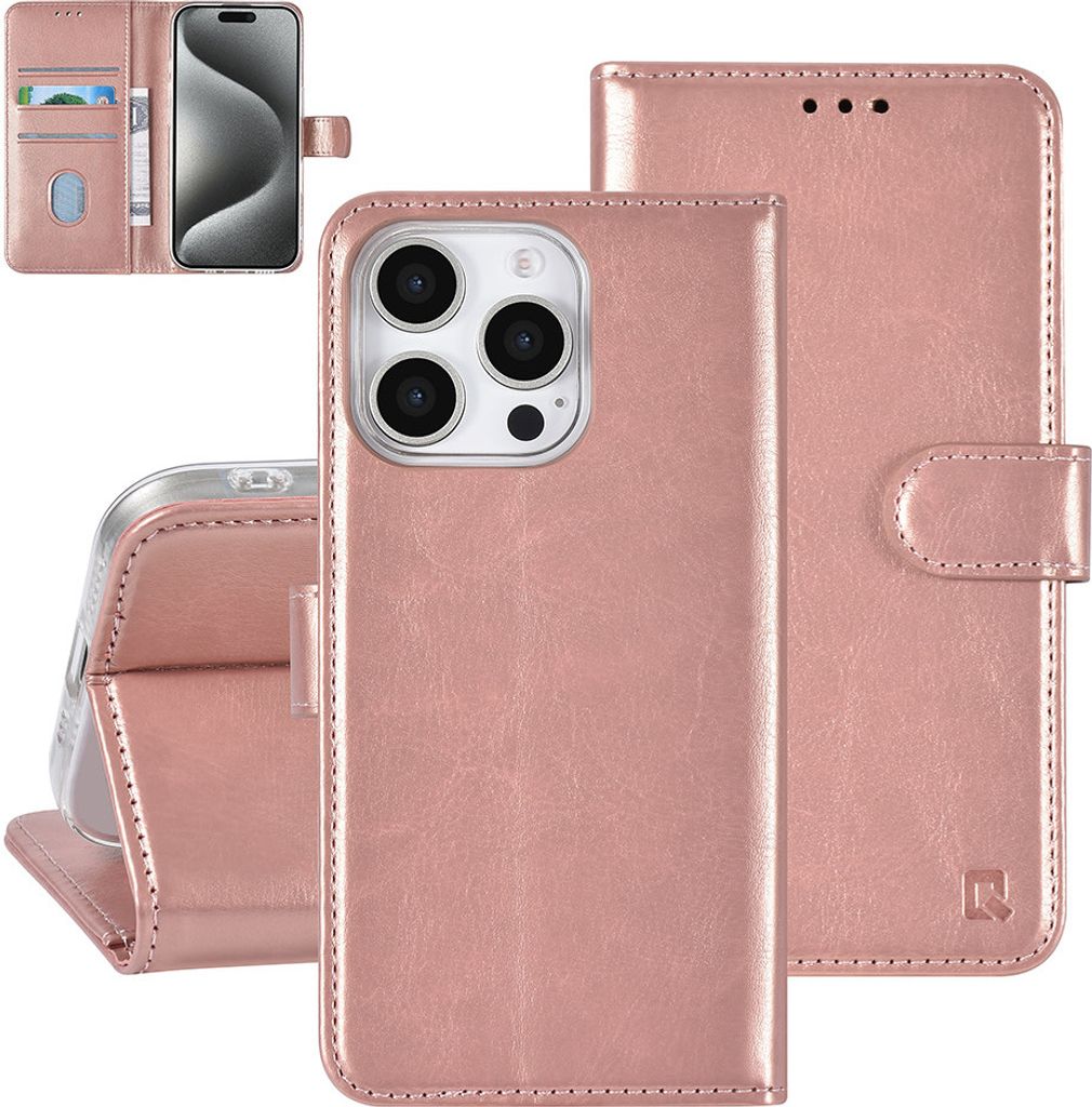 TUNIQ iPhone 16 Pro Book type case - Card holder for 3 cards - Magnetic closure - Rose Gold