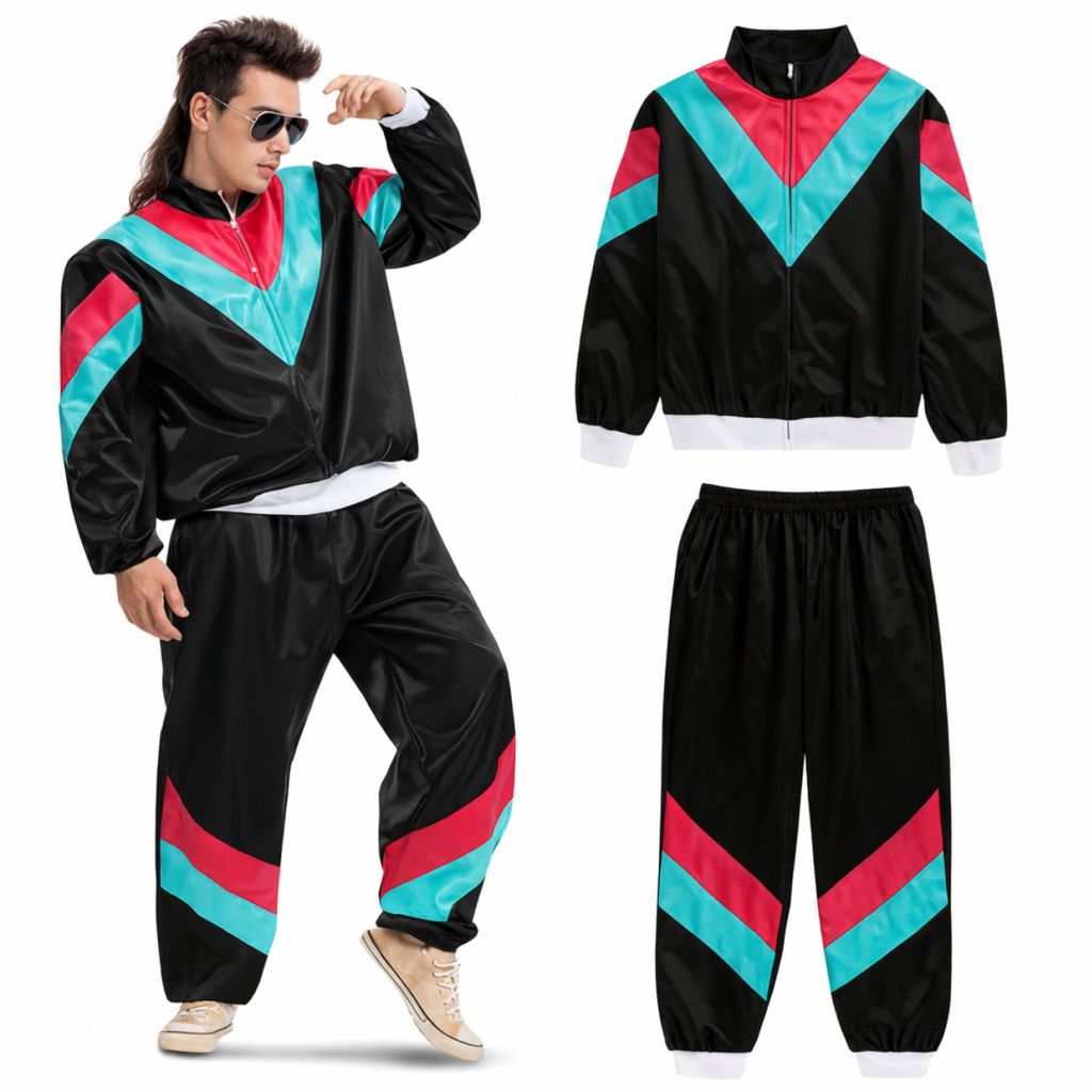 80er 90er Jahre Trainingsanzug Outfit Overall - neon Jogginganzug Herren & Damen - Retro Bad Taste für Fasching & Karneval (Schwarz, M/L)