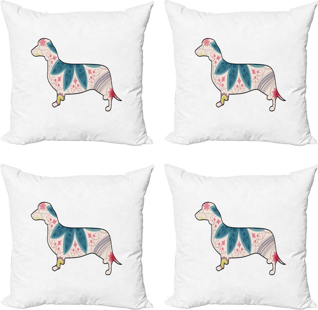 ABAKUHAUS Dackel Kissenbezug Set (4 Stück), floral-Welpen, Moderner Doppelseitiger Digitaldruck, 60 cm x 60 cm, Mehrfarbig