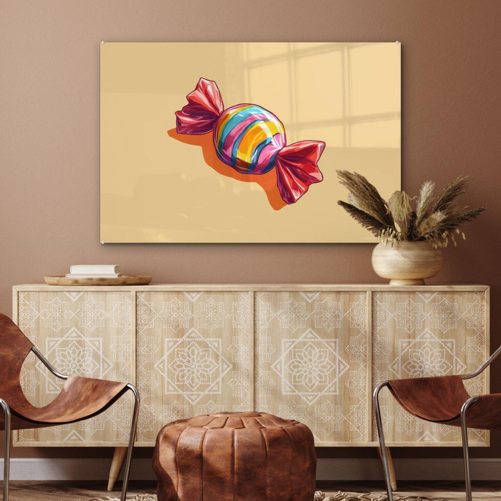 MuchoWow Glasbilder - Bilder auf Wandbild - Foto auf Glas Gelb - Bonbon - Farbe 90x60 cm Wanddekoration aus Glas - Acrylglasbild - Acrylbilder - Wa...