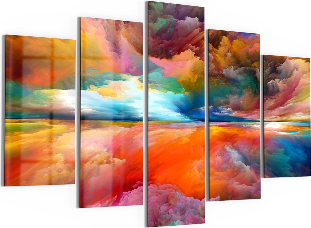 DEQORI Glasbilder 5-tlg 150x100 cm 'Gespiegelte Farbwolken' Wandbilder XXL groß