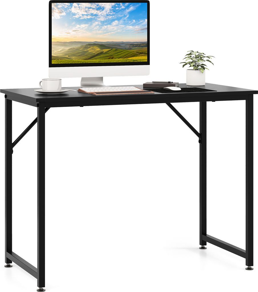 COSTWAY Kompakter Computertisch, robuster Schreibtisch mit Metallrahmen, PC-Tisch mit verstellbaren Fußpolstern, Konferenztisch Schwarz