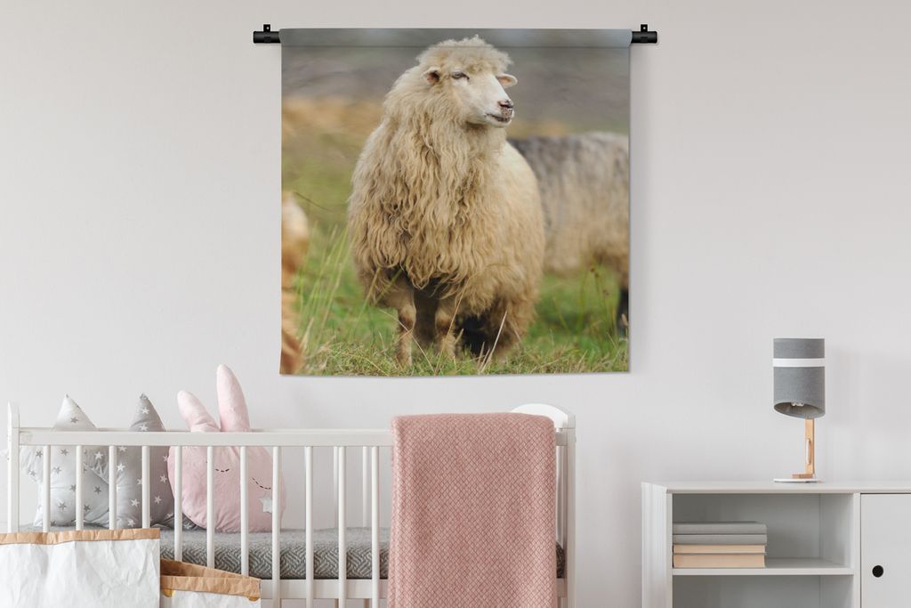 MuchoWow Wandteppich Wandbehang Schafe - Wolle - Gras 90x90 cm Tapisserie Dekoration Wandtuch - Wandaufhänger