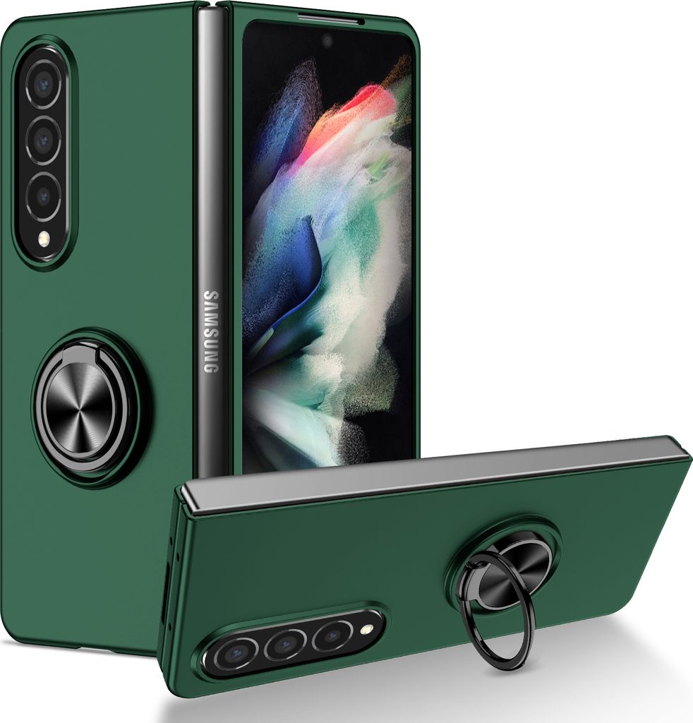 Samsung Z Fold4 Hülle, Dünn Hart PC Schutzhülle mit Ringhalter Ständer für Samsung Galaxy Z Fold 4 5G Grün