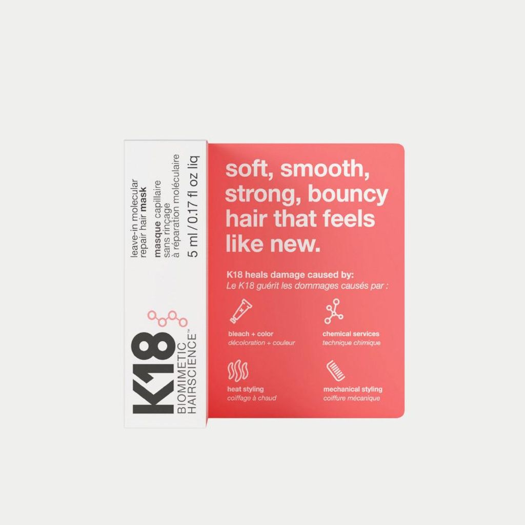 A product shot of a K18 Leave-In Molecular Repair Hair Mask box.