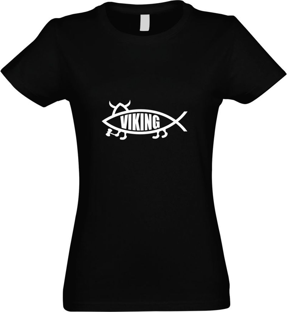 Kiwistar - T-Shirt tailliert - Damen - schwarz - Viking Fisch - mit Motiv Bedruckt - Funshirt Design - Sport - Freizeit - Damen - S