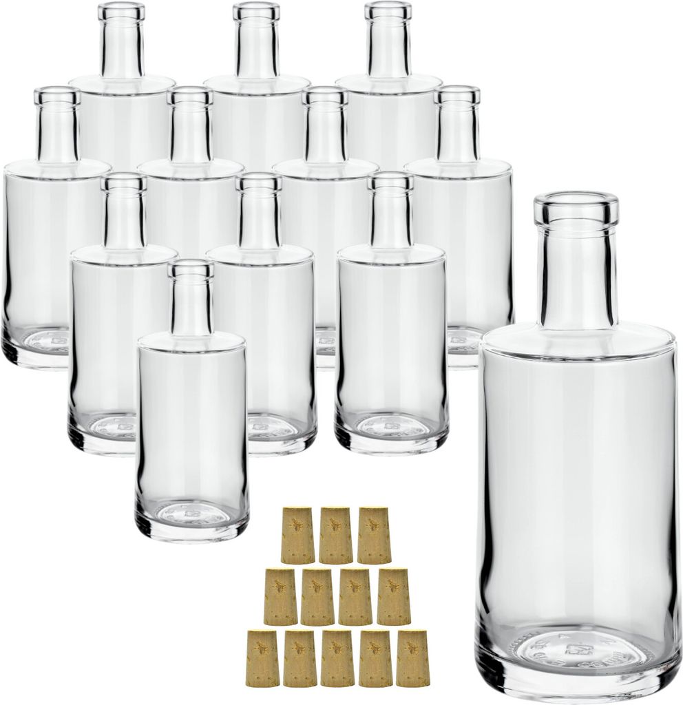 gouveo 12er Set Glasflaschen 250 ml Prim mit Korken (SK) - Kleine Flaschen 0,25 l aus hochwertigem Glas mit Korken - Glasflasche mit Korkverschluss