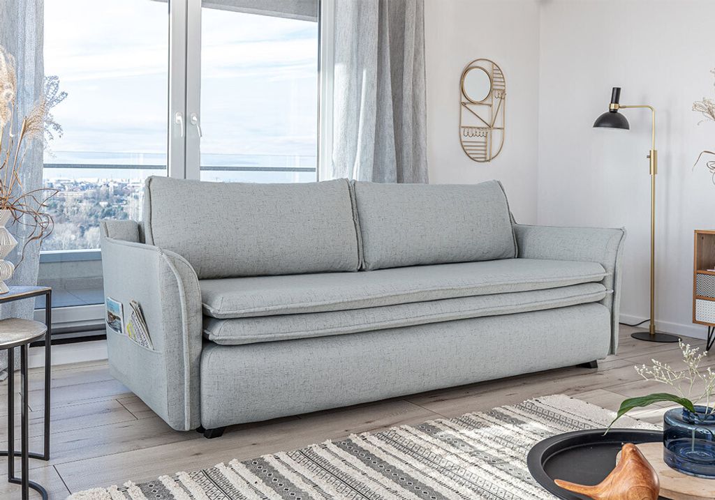 MIUFORM Charming Charlie - Sofa mit Bettfunktion und Bettkasten - 225x92cm - Hellgrau - 3-Sitzer Schlafsofa
