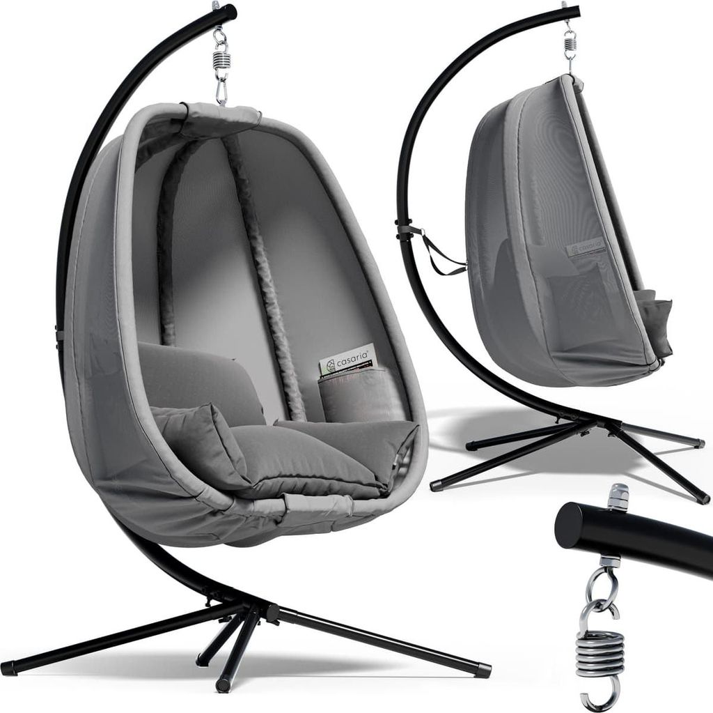 CASARIA Hängesessel Outdoor mit Gestell XXL Hängestuhl 94cm Breit 2 Seitentaschen Kissen Schaukelstuhl 150kg Belastbar Indoor Grau Schaukelsess...