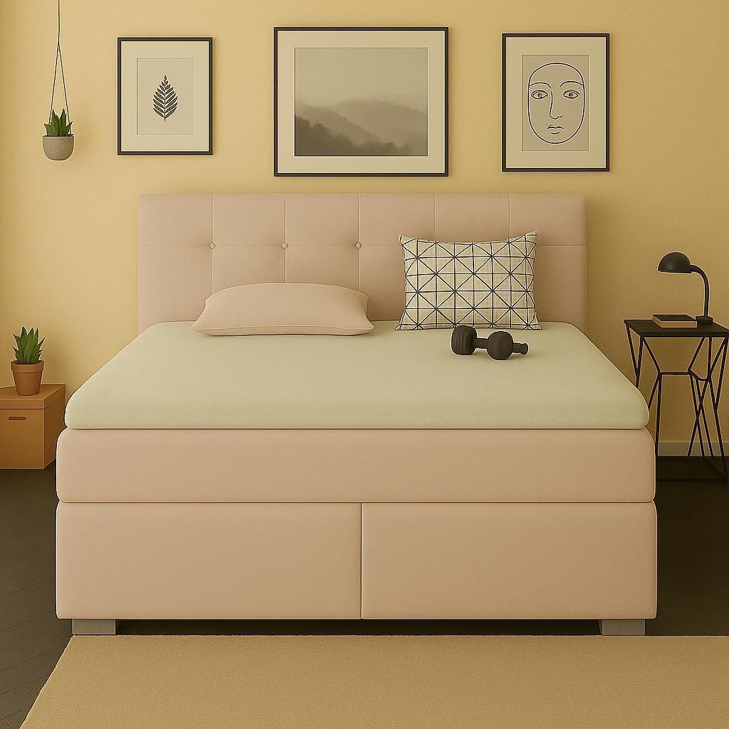 Boxspringbett TOM 140 x 200 cm mit Matratze und gepolstertem Kopfteil. Farbe: Beige