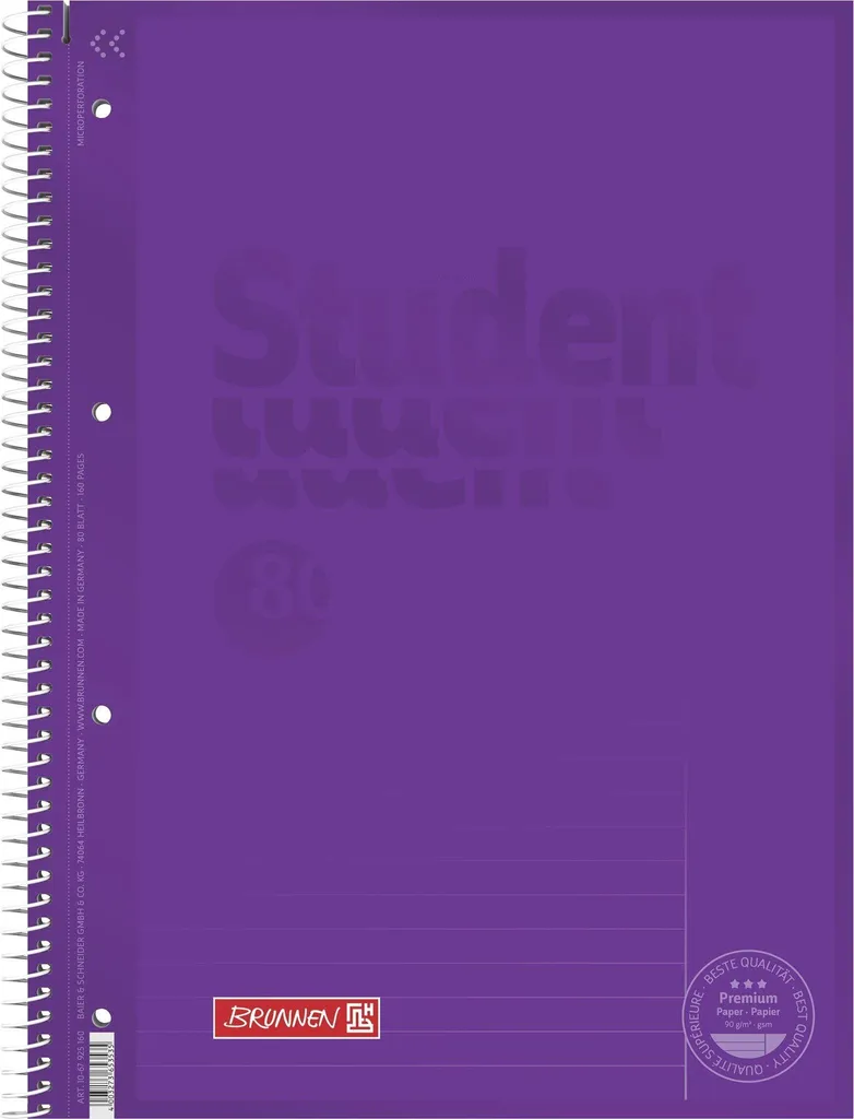 Cahier à spirale A4 Premium liniert 25 pour étudiants - BRUNNEN Violet