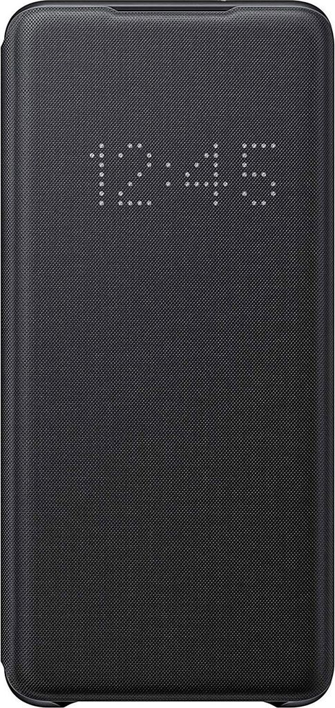 A black flip case for a Samsung Galaxy S20 Plus phone, displaying the time 12:45 on its LED display.