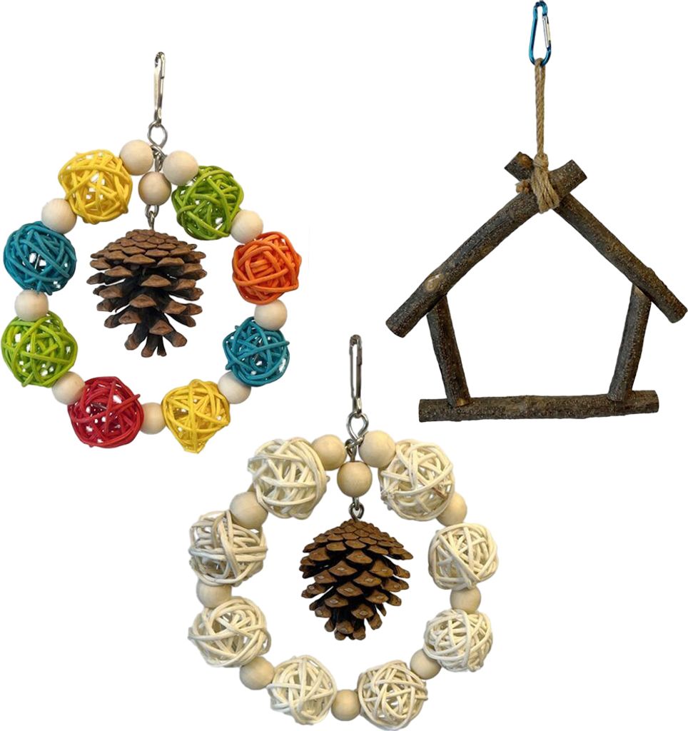 3-teiliges Set Aus Holz Und Natürlichem Material, Schaukelspielzeug Für Vögel, Papageien, Kauspielzeug, Hängende Sitzstange, Hängematte