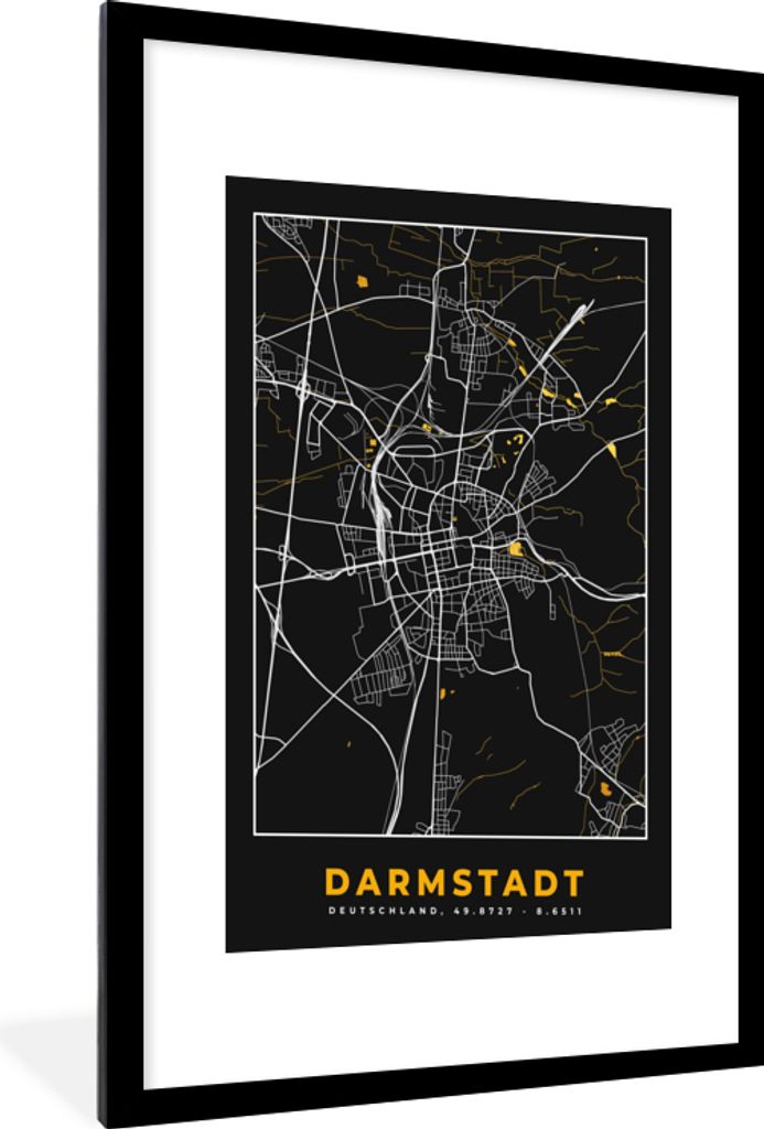 MuchoWow Gerahmtes Poster Darmstadt - Karte - Stadtplan - Gold - Deutschland 60x90 cm - Poster mit Schwarzem Bilderrahmen Wandposter Rahmen Foto ...