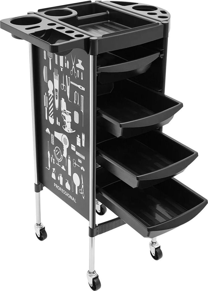 Friseurwagen - Salon Trolley - 5 Etagen - 4 Schubladen - 4 feststellbare Rollen - 38×88 cm - Edelstahl & Kunststoff - Schwarz
