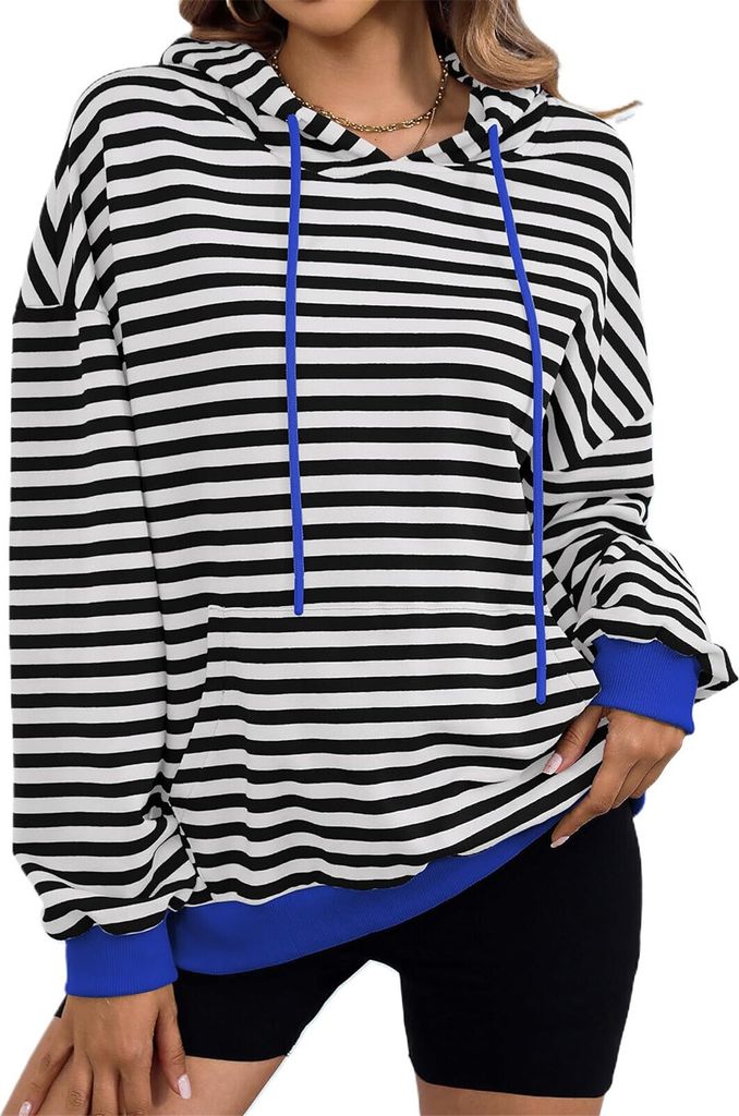 ASKSA Damen Kapuzenpullover Oversized Gestreift Farbblock Rundhals Hoodie Oberteile Y2K Sweatshirt mit Taschen (Schwarz,S)