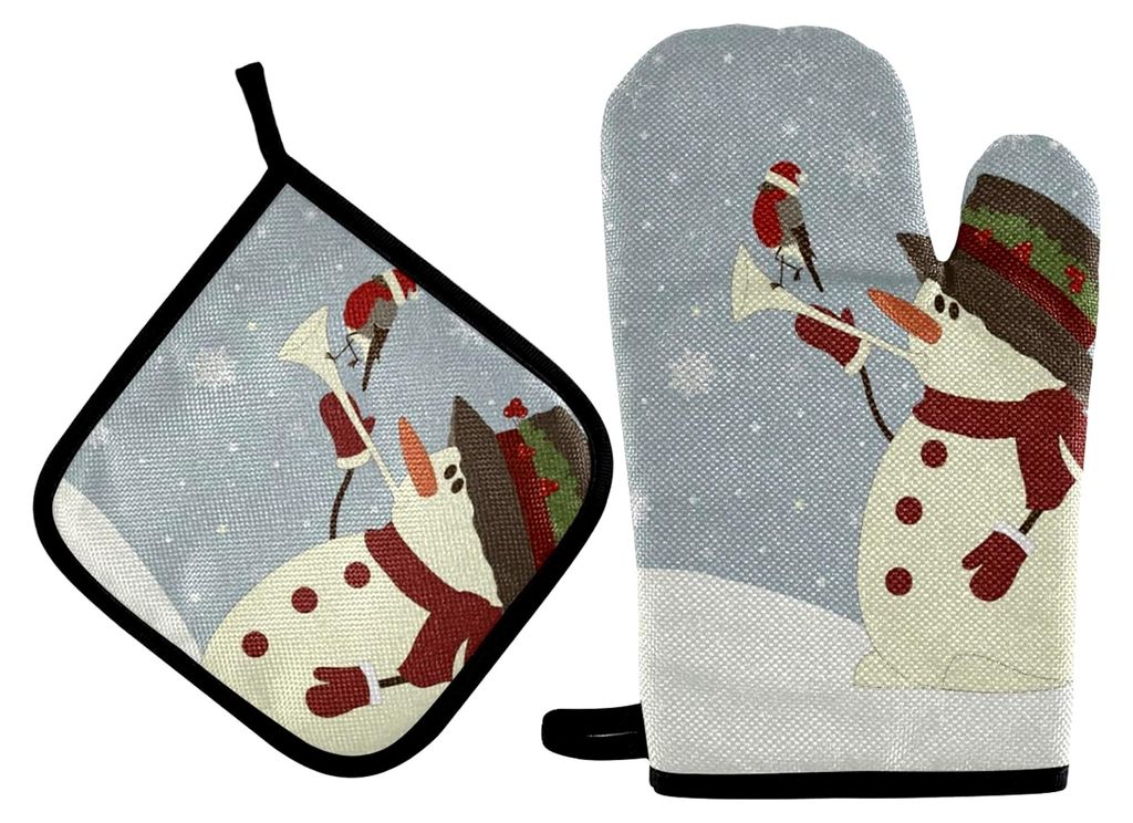 Ofenhandschuhe-Set, Weihnachts-Schneemann-Vogel, Topflappen, Vintage-Winter-Schneeflocke, Küchen-Ofenhandschuhe, 2 Stück, Kochhandschuhe, Wärmek...